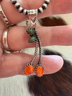 ❤️ Spiny Oyster & Kingman Turquoise Cherry Blossom Navajo Style Sterling Pendant